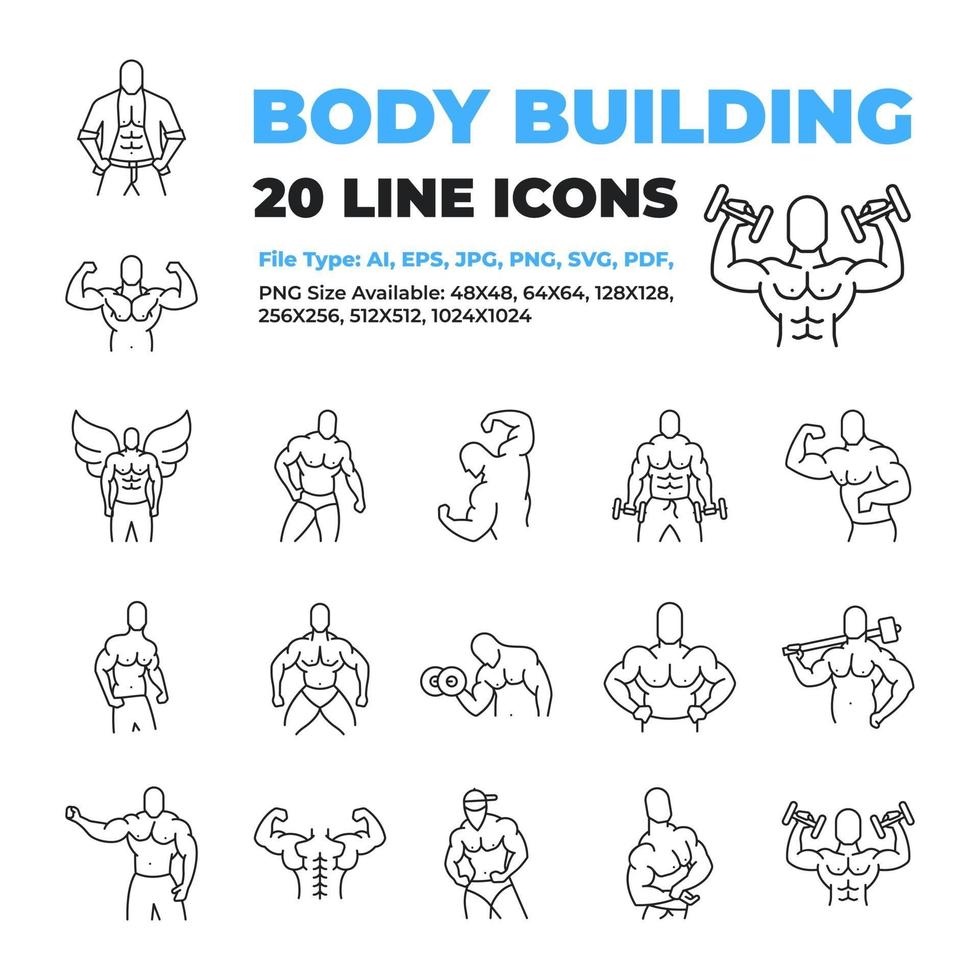 Bodybuilder character icon set vector