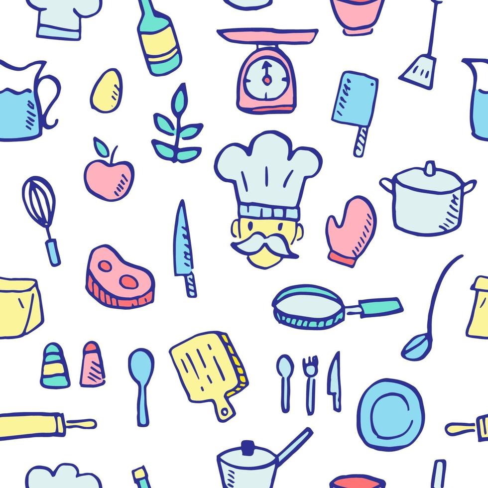 cocina, doodle, seamless, patrón vector