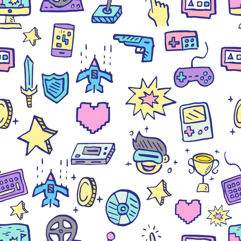 video game doodle seamless pattern vector