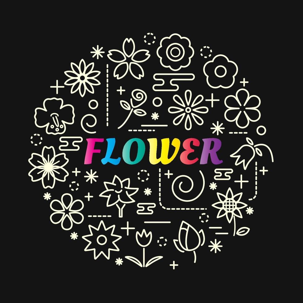 Letras de gradiente de colores de flores con conjunto de iconos vector