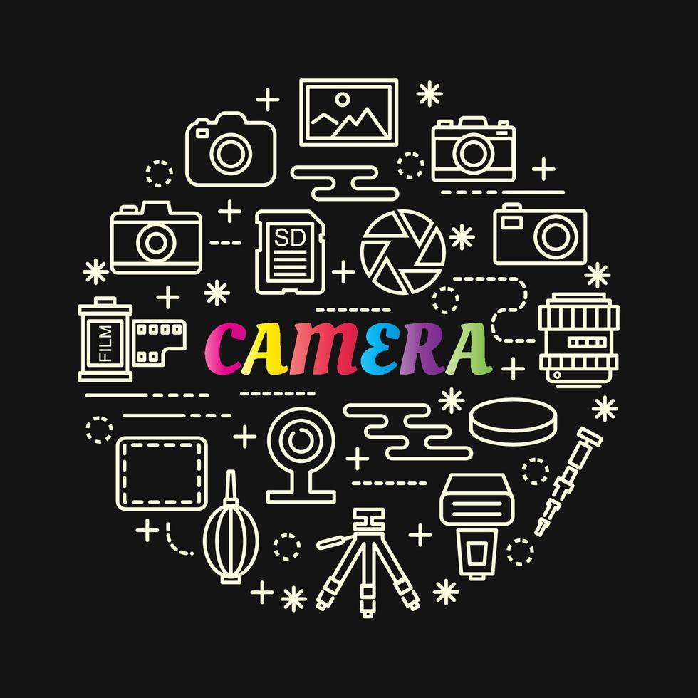 camera colorful gradient lettering with icons set vector