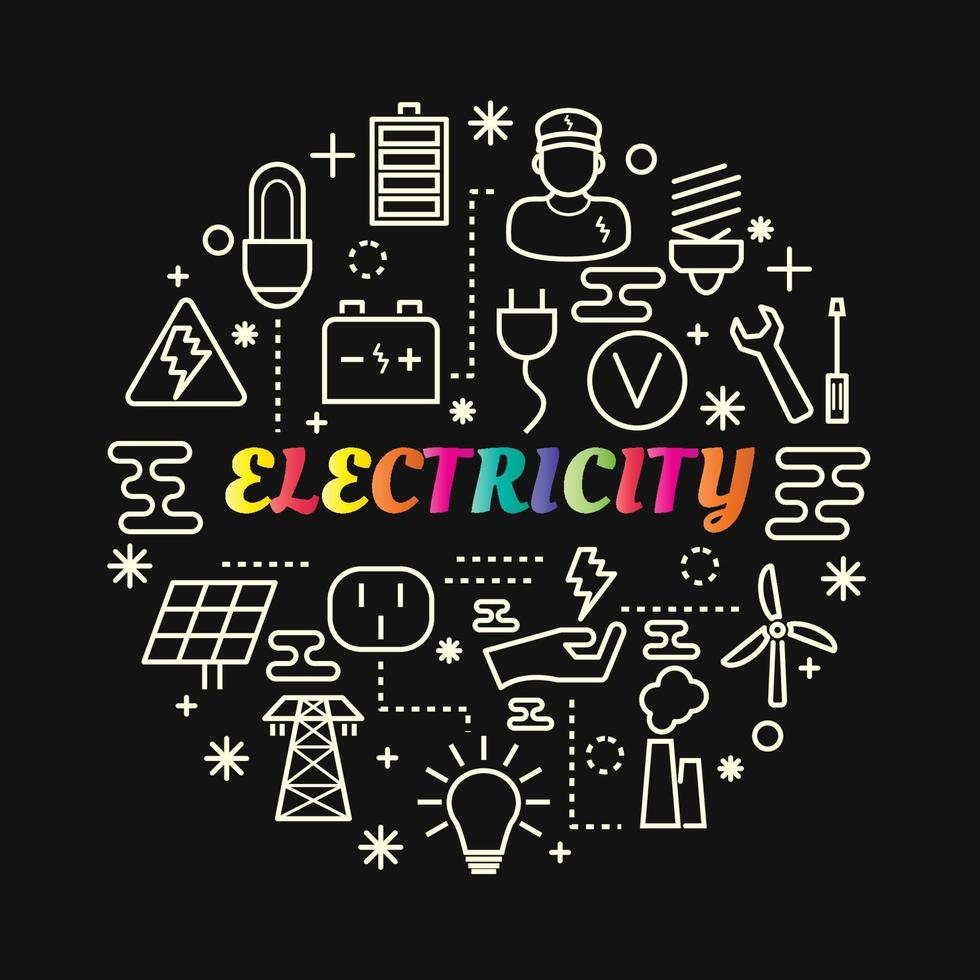 Letras de gradiente de colores de electricidad con conjunto de iconos vector