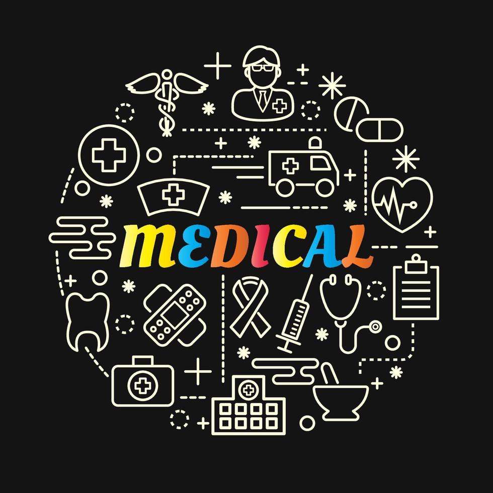 medical colorful gradient lettering with icon set vector