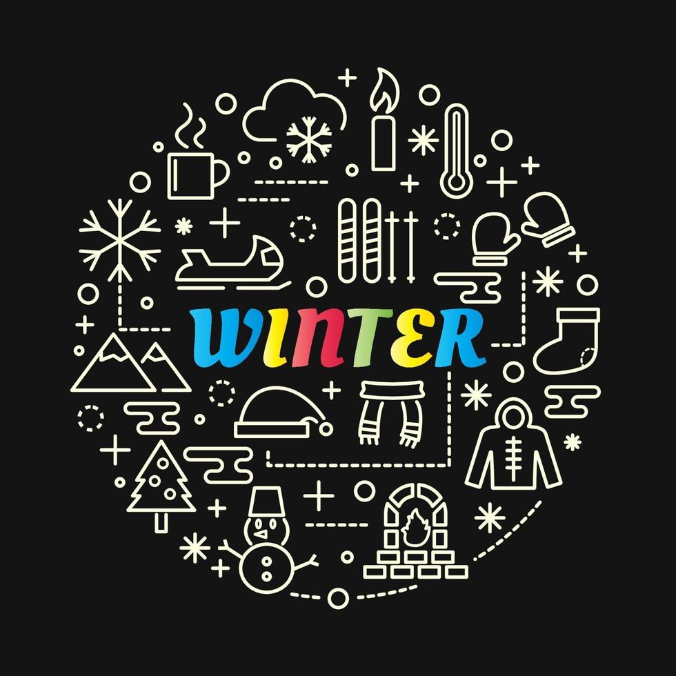 Letras de gradiente de colores de invierno con conjunto de iconos vector