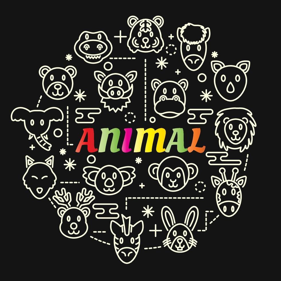 Letras de degradado de colores animales con iconos de línea vector