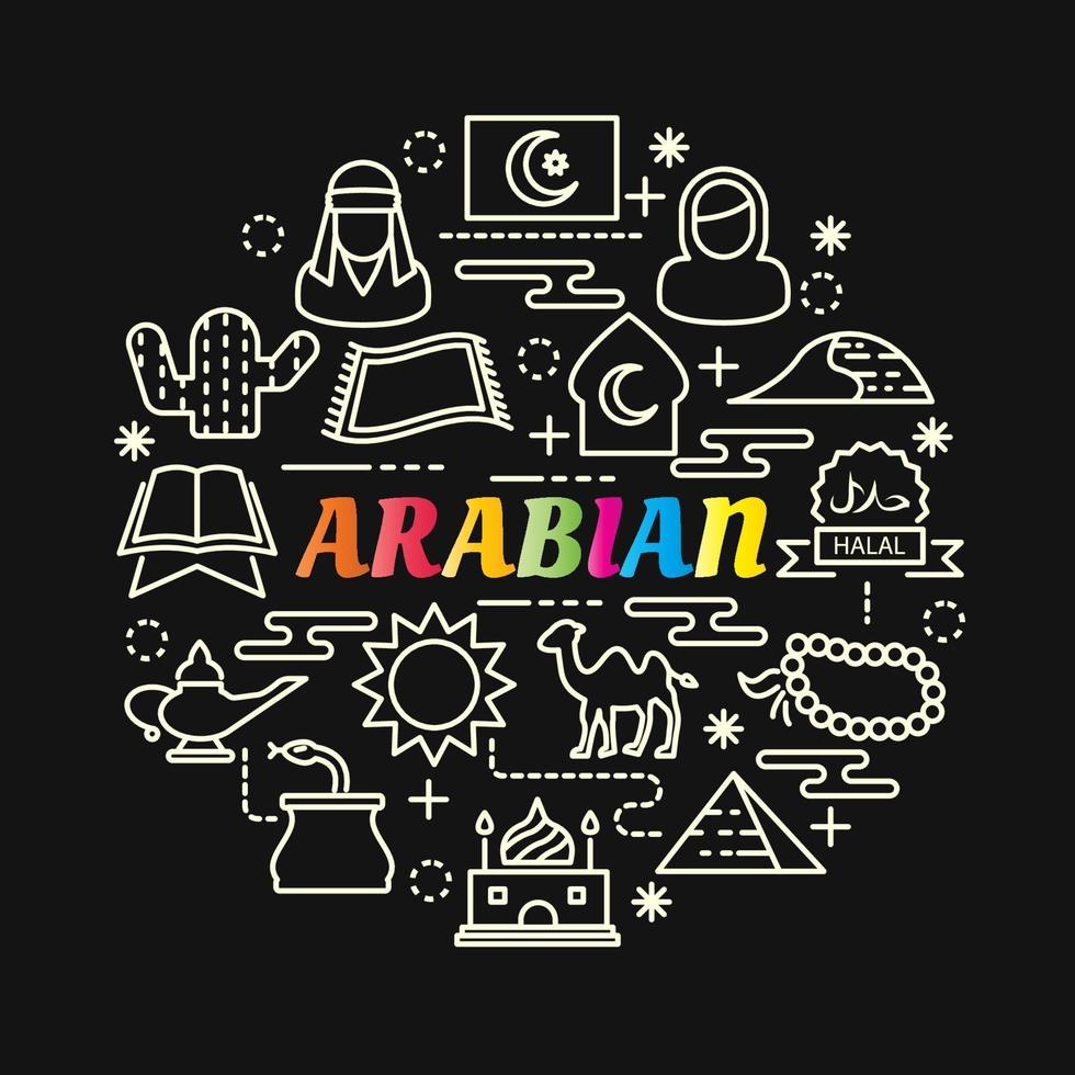 arabian colorful gradient lettering with line icons vector