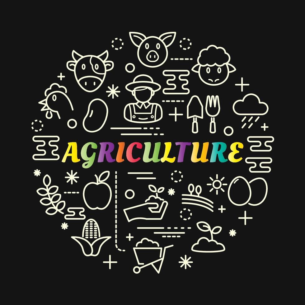 Letras de degradado colorido de agricultura con iconos de línea vector