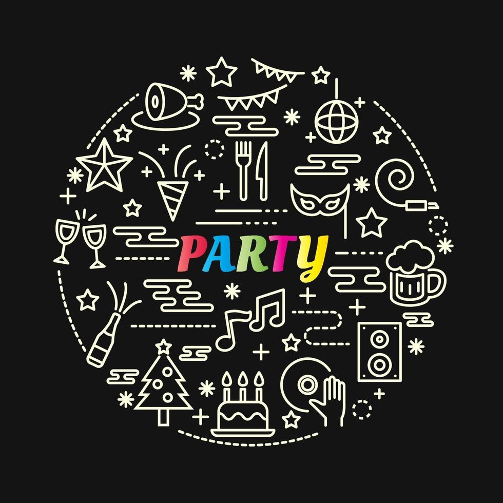 party colorful gradient lettering with line icons vector