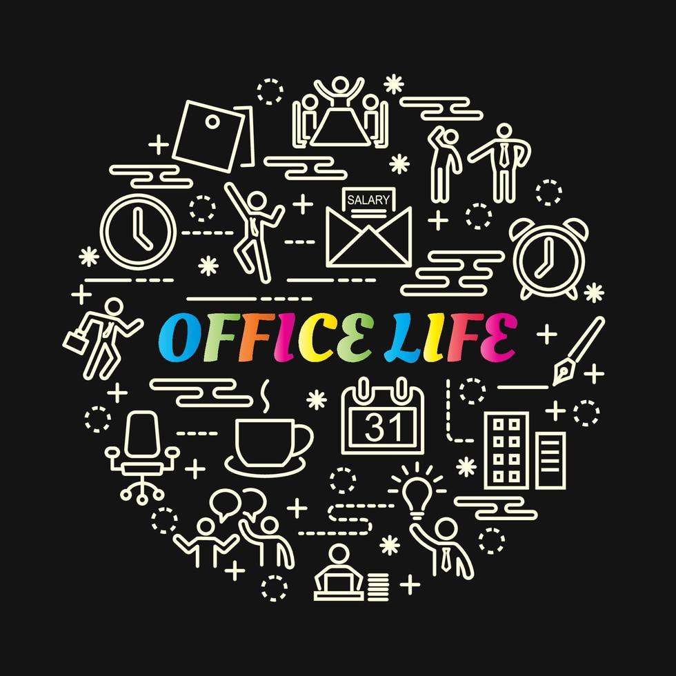 office life colorful gradient lettering with line icons vector