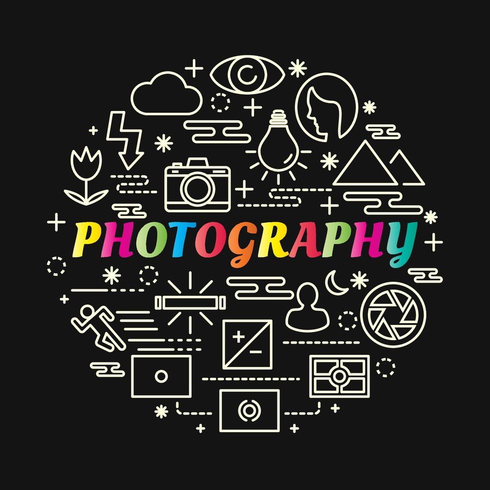 Fotografía degradado colorido letras con iconos de línea vector