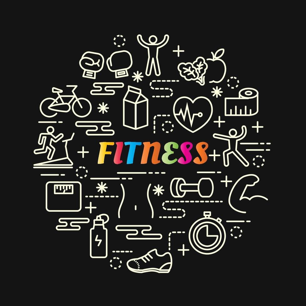 fitness colorful gradient lettering with line icons vector