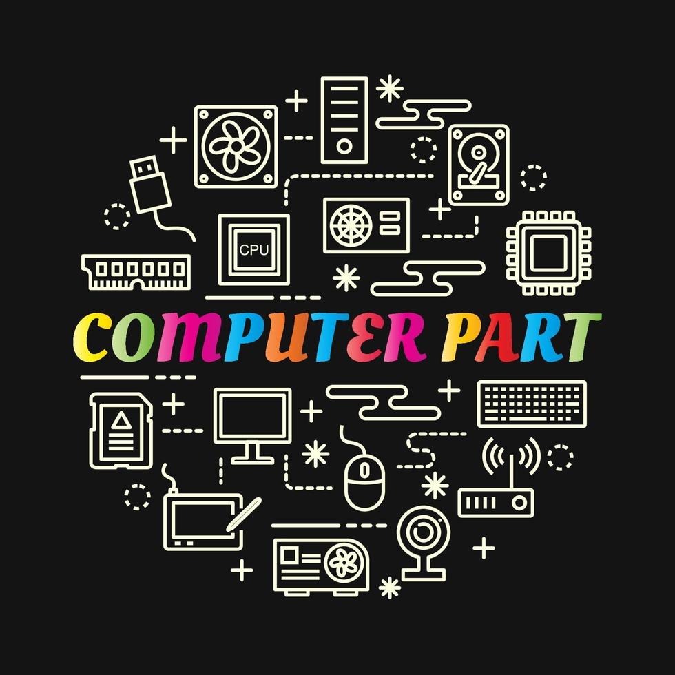 computer part colorful gradient lettering with line icons vector