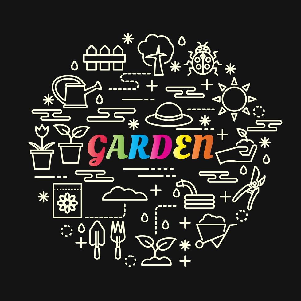 jardín colorido degradado letras con iconos de línea vector
