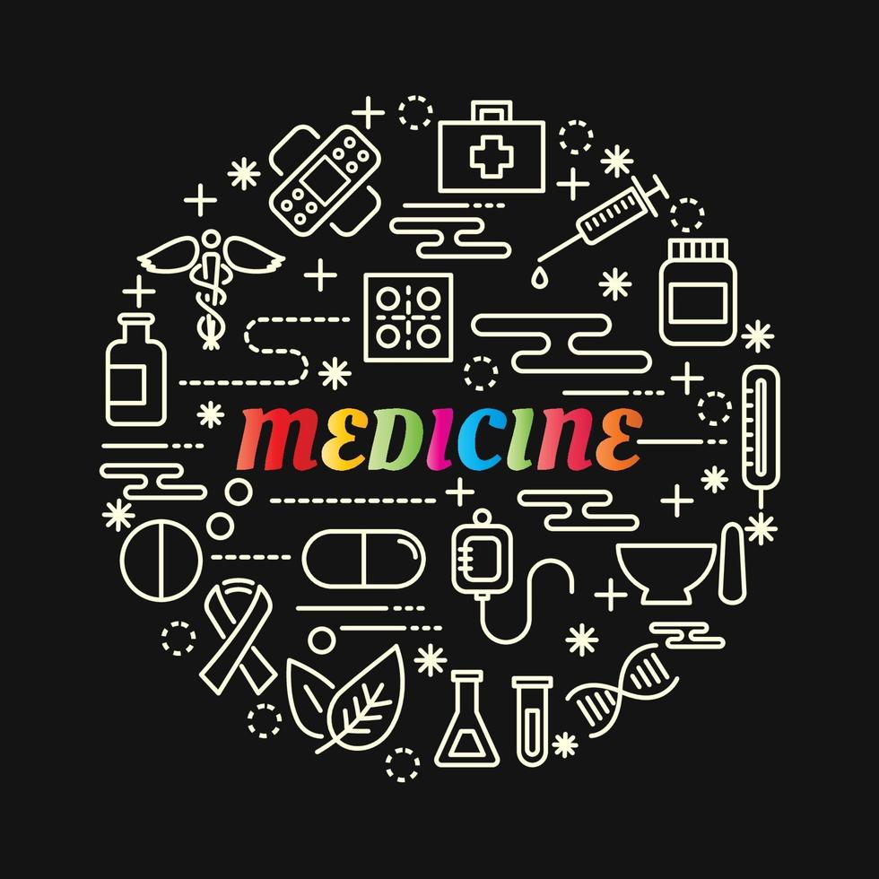 Letras de gradiente colorido de medicina con iconos de línea vector