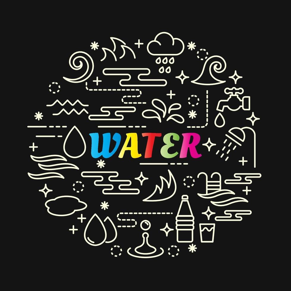 letras de degradado de colores de agua con iconos de línea vector