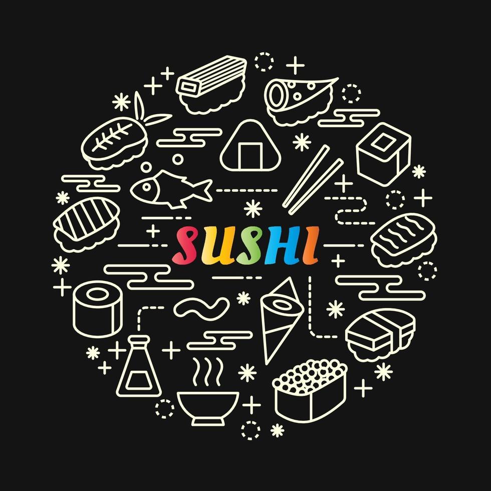 Letras de gradiente de colores de sushi con iconos de línea vector