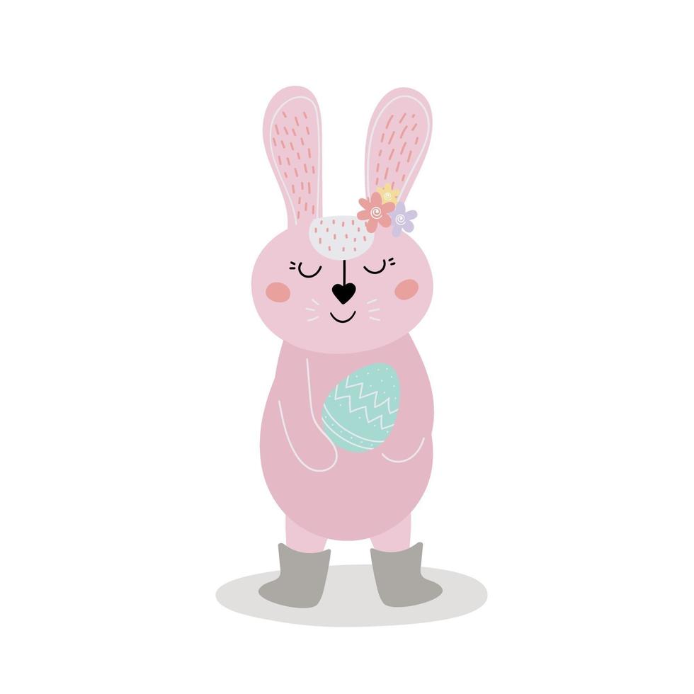 Cute pink rabbit with an Easter egg in his hands. The Easter bunny. Design for Easter. Flat cartoon vector illustration