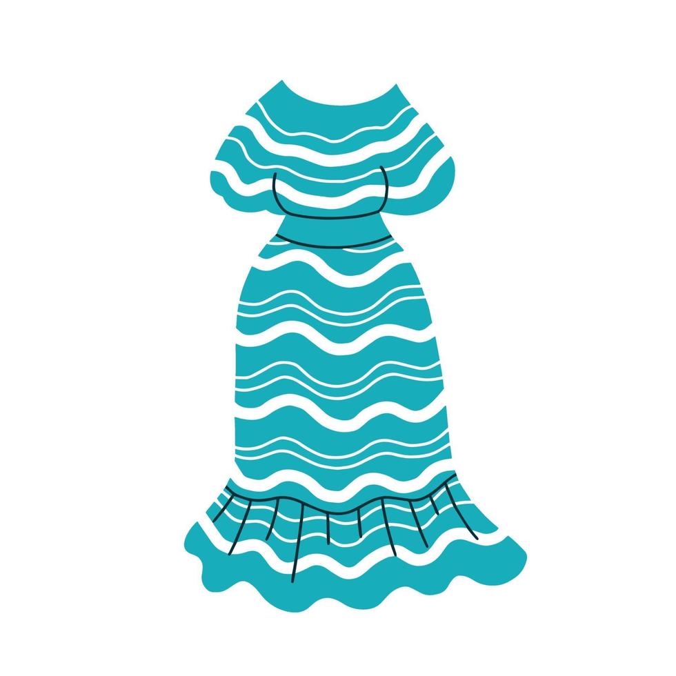 Summer blue dress with a striped pattern. Cartoon vector illustration