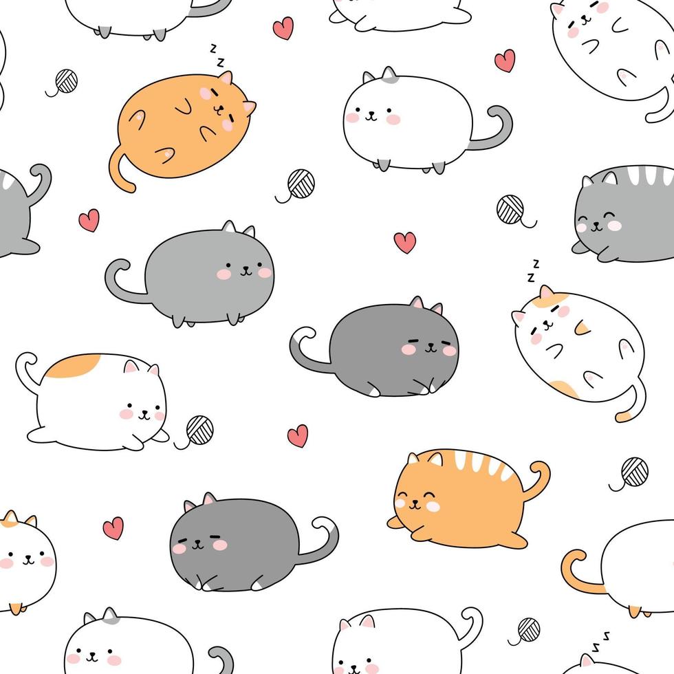 Cute chubby cat kitten cartoon doodle seamless pattern vector