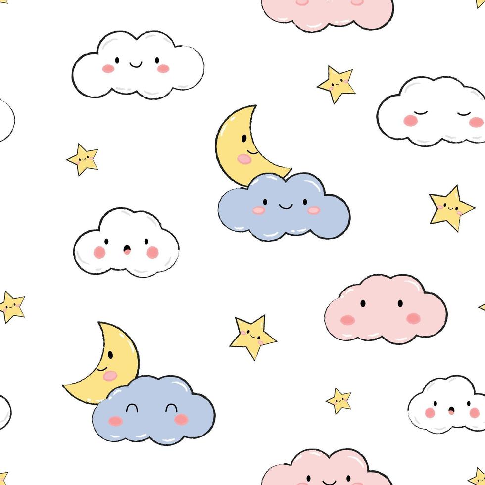 lindo, nube, luna, y, estrella, blanco, cielo, caricatura, garabato, seamless, patrón vector