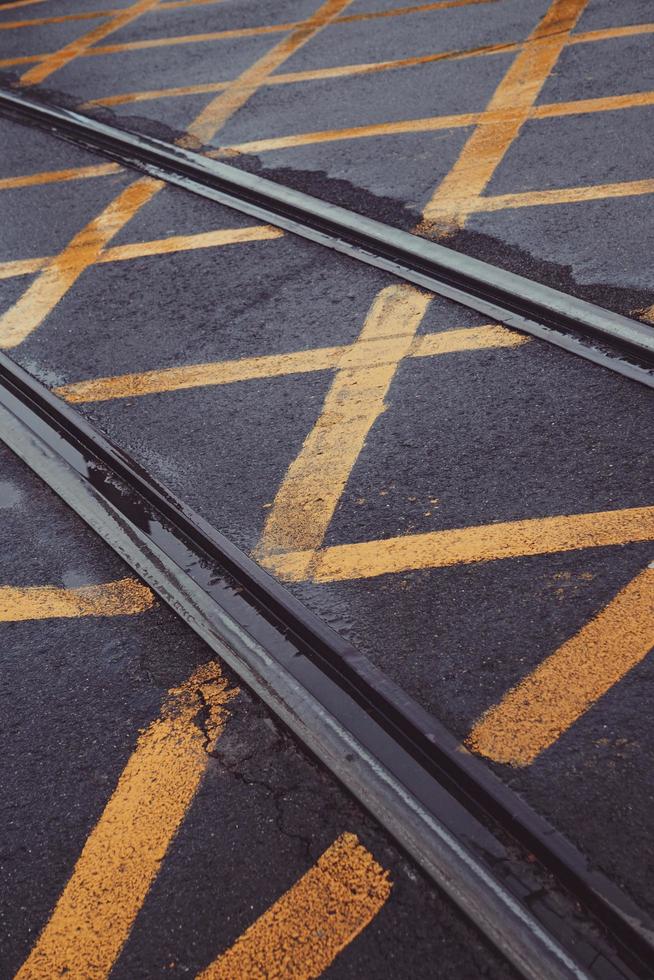 Railroad track in the station, train mode of transportation photo