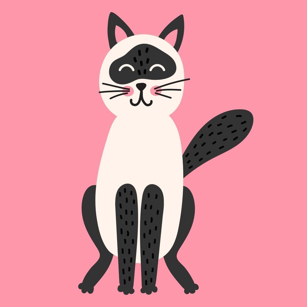Cute cartoon funny siamese cat. Print for kids t-shirts and clothes. Isolated on pink background. vector