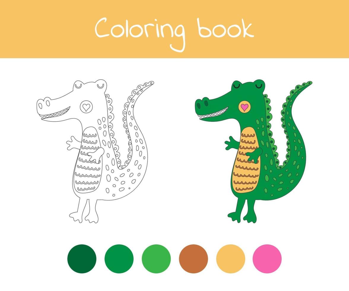 Coloring book with cute wild animal an alligator. For kids kindergarten, preschool and school age. vector