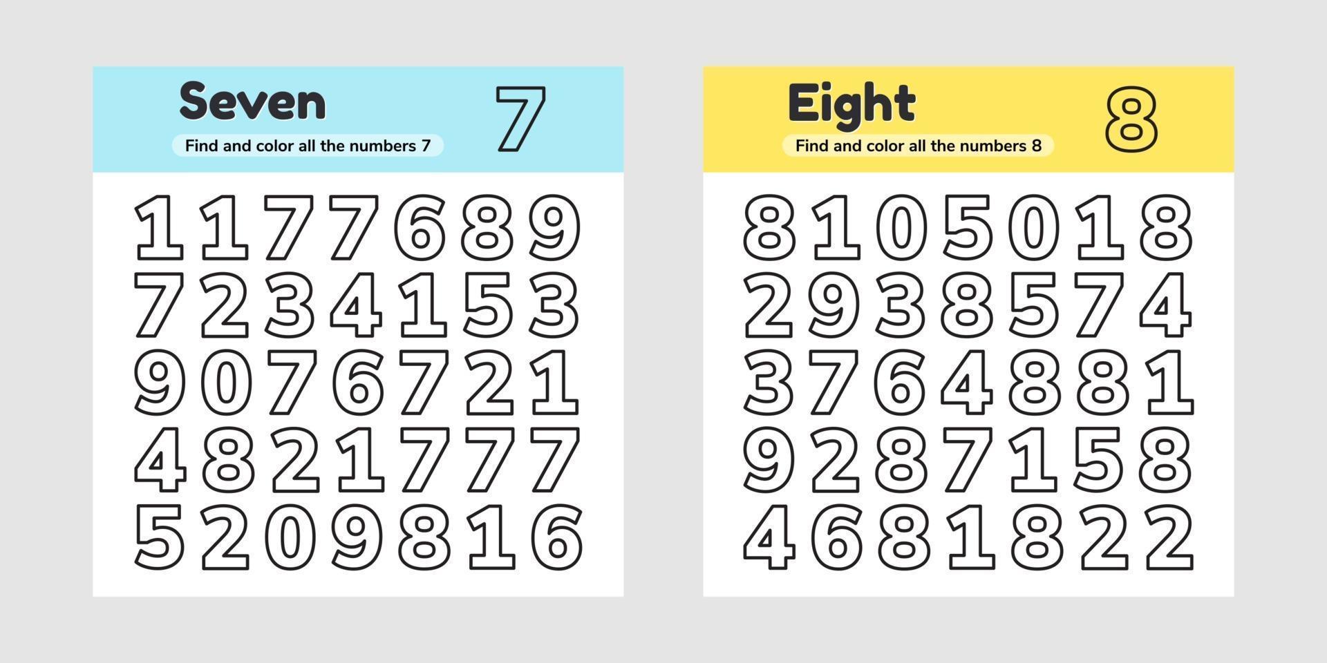 Set educational worksheet for kids kindergarten, preschool and school age. Numbers. Find and color. vector