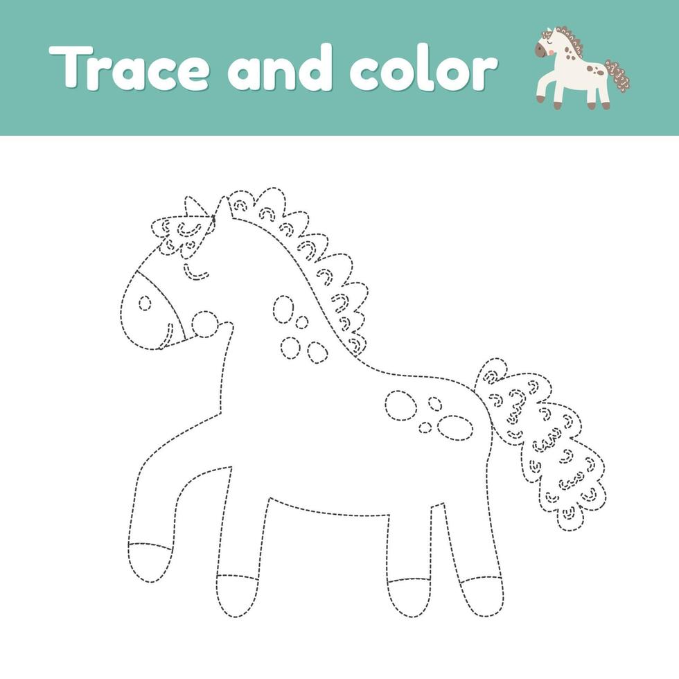 Coloring book with cute farm animal a horse. For kids kindergarten, preschool and school age. Trace worksheet. Development of fine motor skills and handwriting. vector