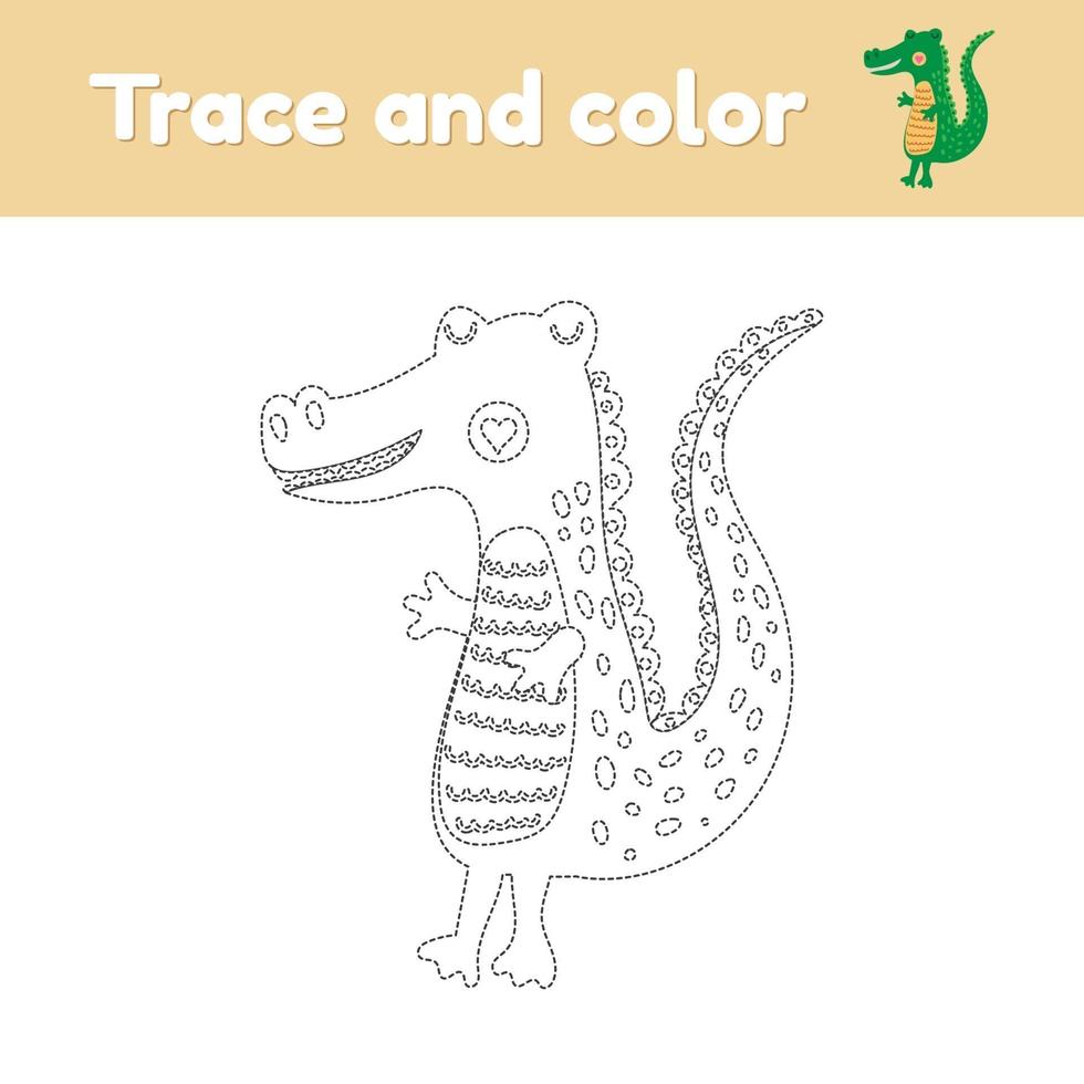 Coloring book with cute wild animal an alligator. For kids kindergarten, preschool and school age. Trace worksheet. Development of fine motor skills and handwriting. vector