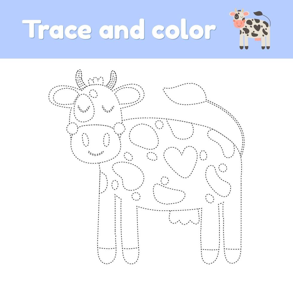 libro para colorear con lindo animal de granja una vaca. para niños en edad preescolar, preescolar y escolar. hoja de trabajo de seguimiento. desarrollo de la motricidad fina y la escritura a mano. vector