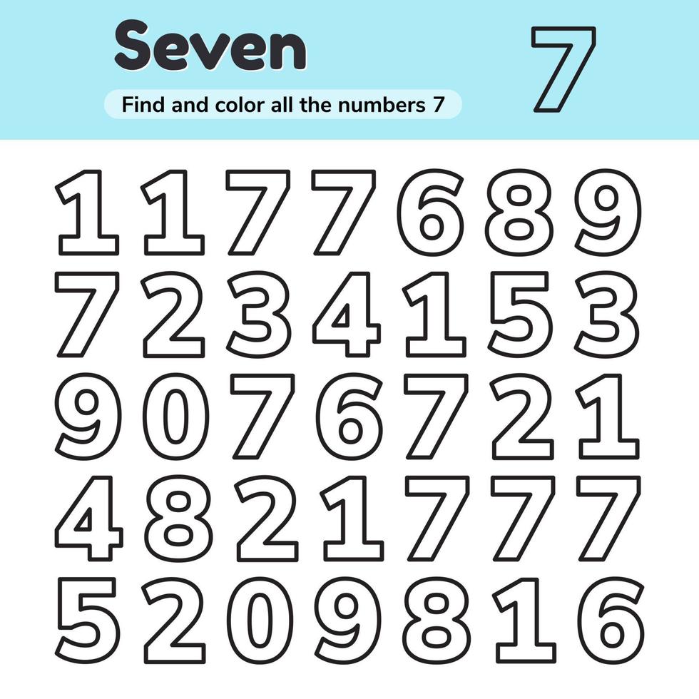 Educational worksheet for kids kindergarten, preschool and school age. Numbers. Find and color. vector