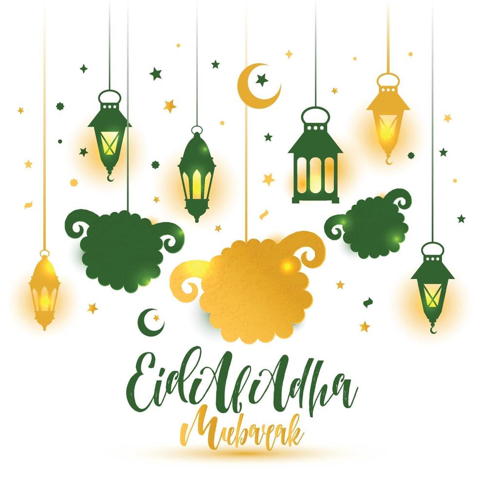 Texto de caligrafía de eid al adha con ilustración de ovejas para el fondo de celebración de eid mubarak. vector