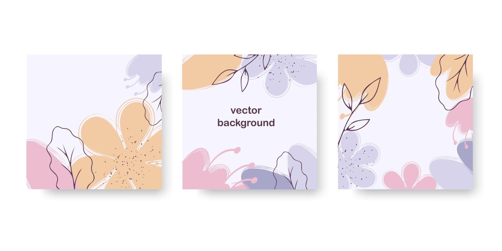 Floral abstract set of banner, greeting card, poster, holiday cover. Trendy design with hand drawn flower, leaves and dots in pastel colors. Modern art minimalist style. vector