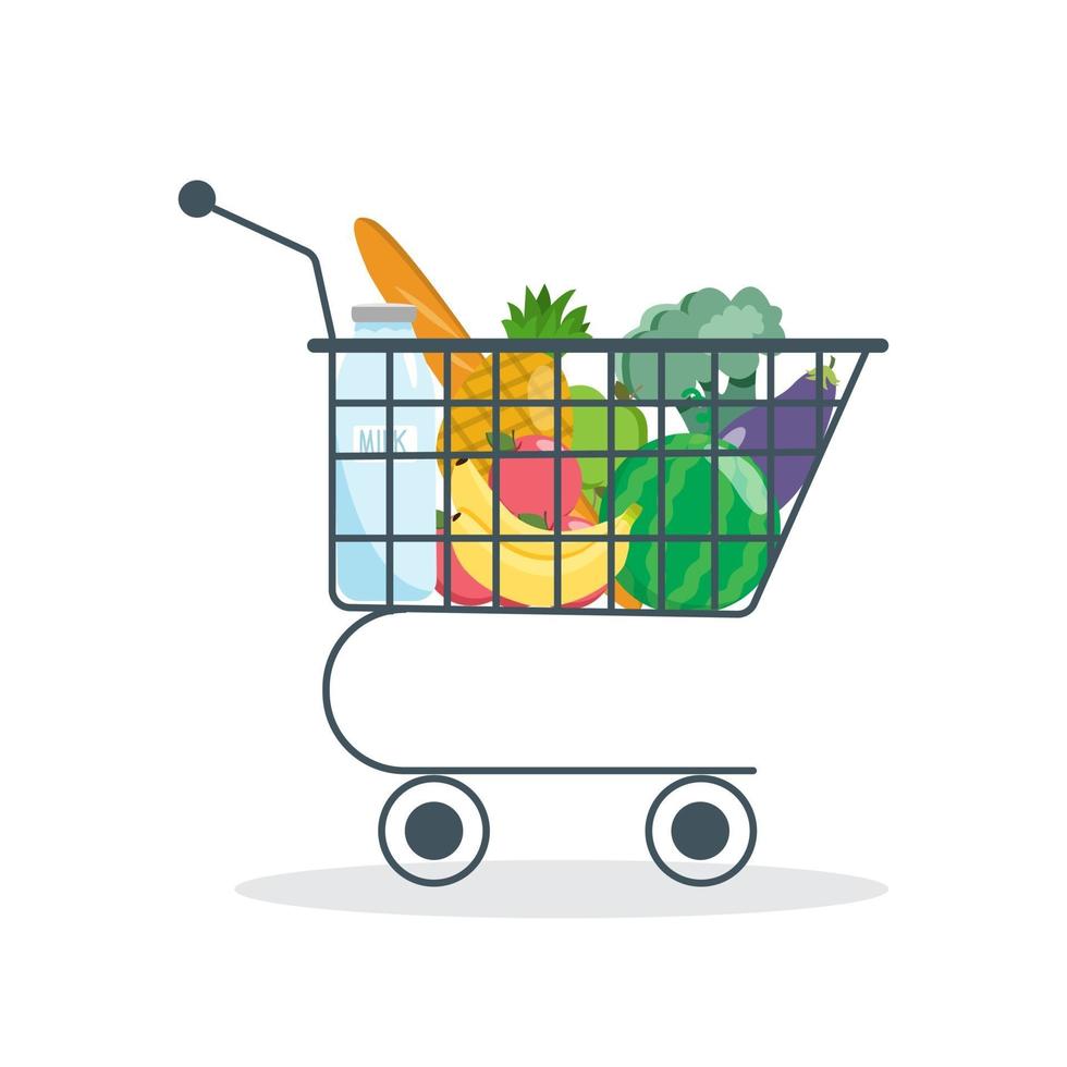 carrito de la compra lleno de alimentos: leche, pan, verduras y frutas. un conjunto de productos frescos, saludables y naturales. entrega de comestibles. ilustración vectorial vector