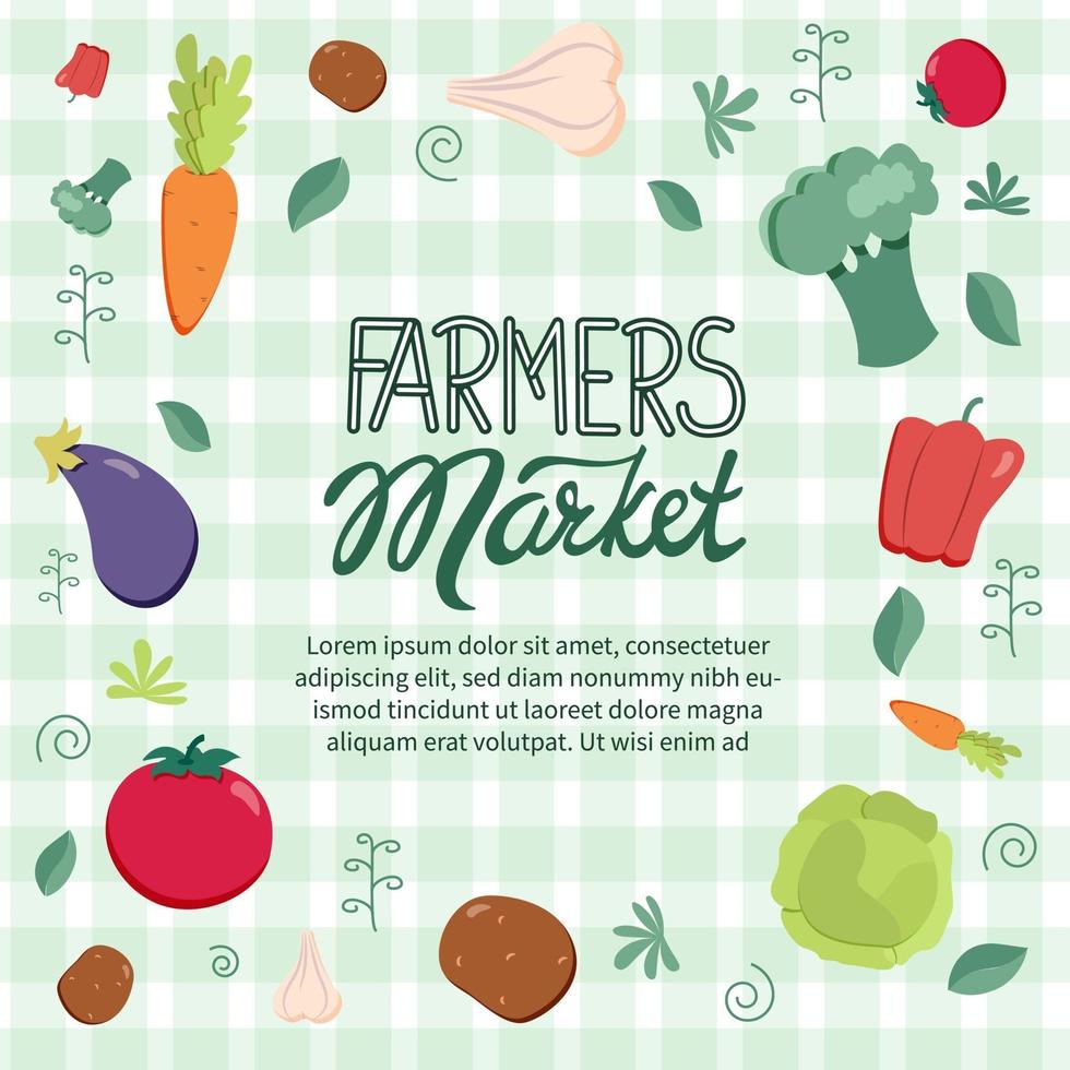 Farmers market background with fruits and vegetables and hand drawn lettering vector