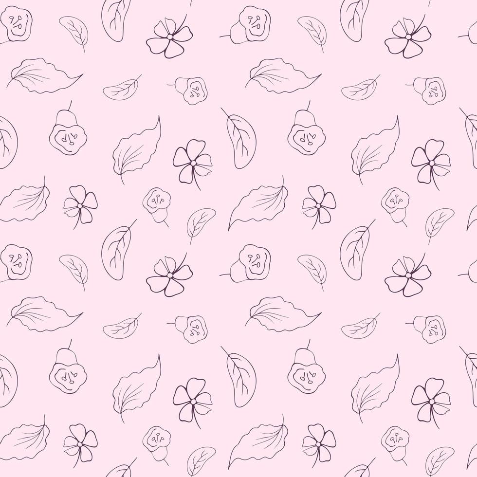 Seamless pattern with flowers and leaves. Outline style. Vector doodles on a pink background. Vector endless texture