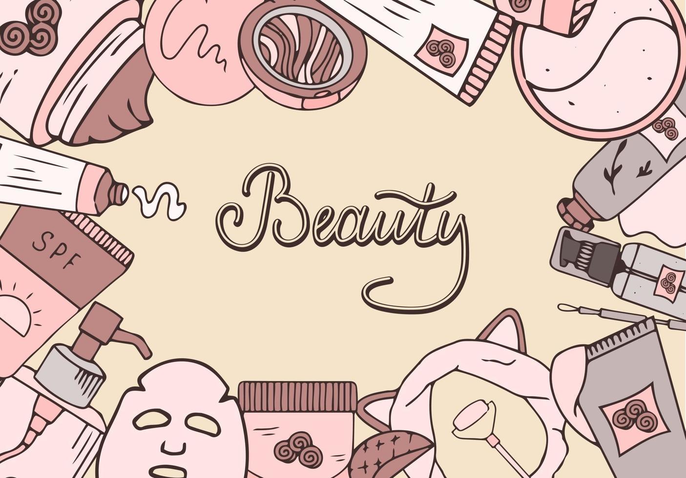 banner de belleza cosmética. colección style.vector dibujado a mano con la imagen de productos cosméticos y letras. Cosmética coreana. vector