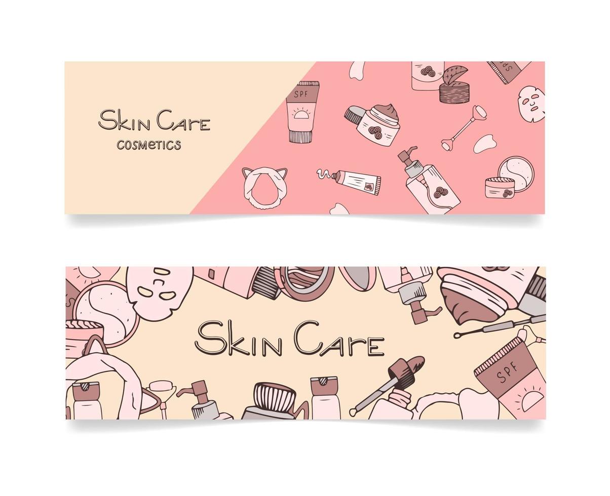 Cosmetic beauty banner set. Hand drawn style.Vector collection with the image of cosmetic products and lettering skin care. Korean kosmetics. vector