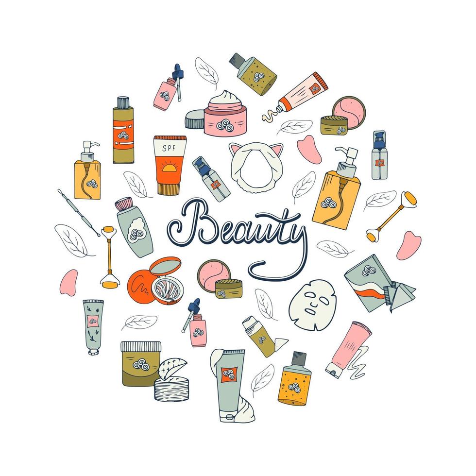 Beauty set with cosmetic products. Collection of bottles, tubes, jars, cosmetic accessories in hand-drawn style. Set of Korean skin care products. vector