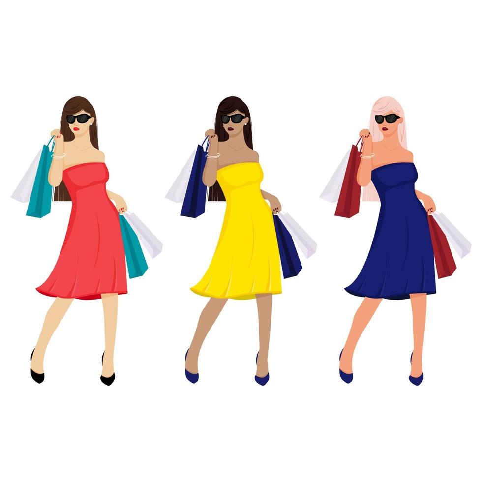 chicas en vestidos con bolsas de compras. vector