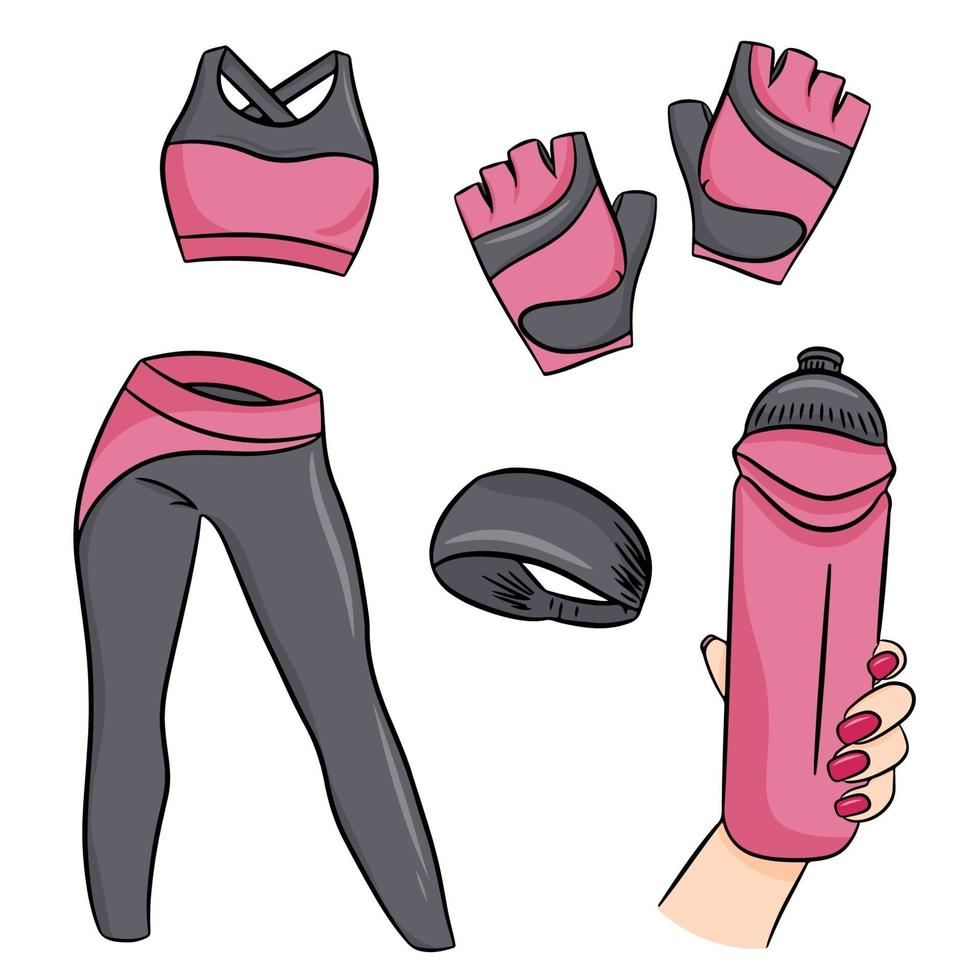 Vector set of fitness accessories in cartoon style. Vector illustration isolated on a white background.
