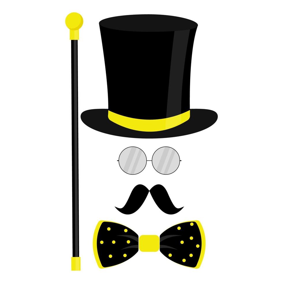 Black top hat, bow tie, monocle, and mustache. Fashionable vector illustration on white background for gift card, certificate, banner, logo.