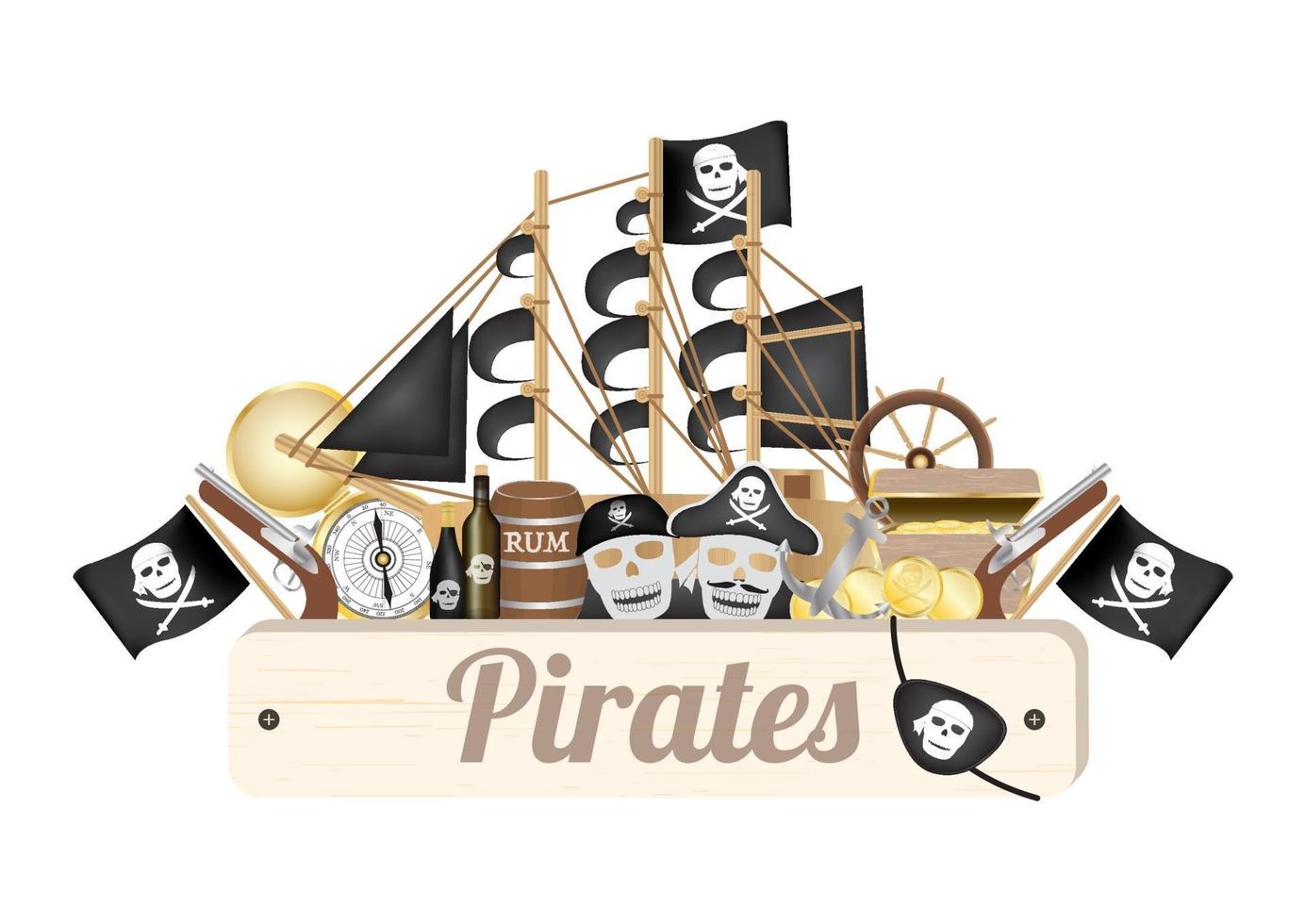 Pirate wood board with pirate ship, compass, gold coin, rum barrel, treasure box, flag, gun, eye patch vector
