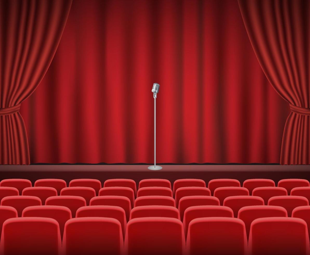 Rows of red cinema or theater seats in front of show stage with retro microphone vector