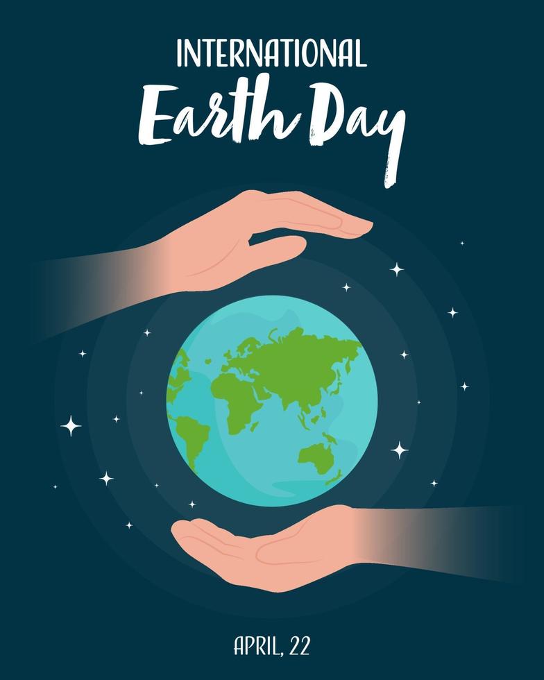 World international Earth Day banner. Hands holding the planet. Vector illustration. Save the planet concept