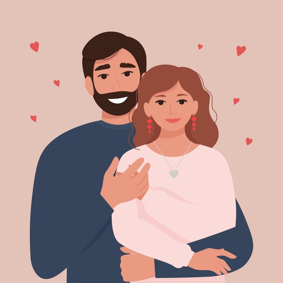 Portrait of a happy couple in love - a man and a woman. Valentine's Day celebration. Vector illustration in flat style