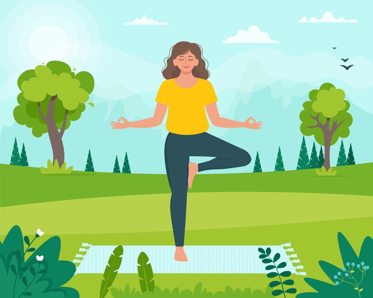 Woman in doing yoga in the Park. Relaxing healthy fitness concept. Summer activity. Vector illustration in flat style