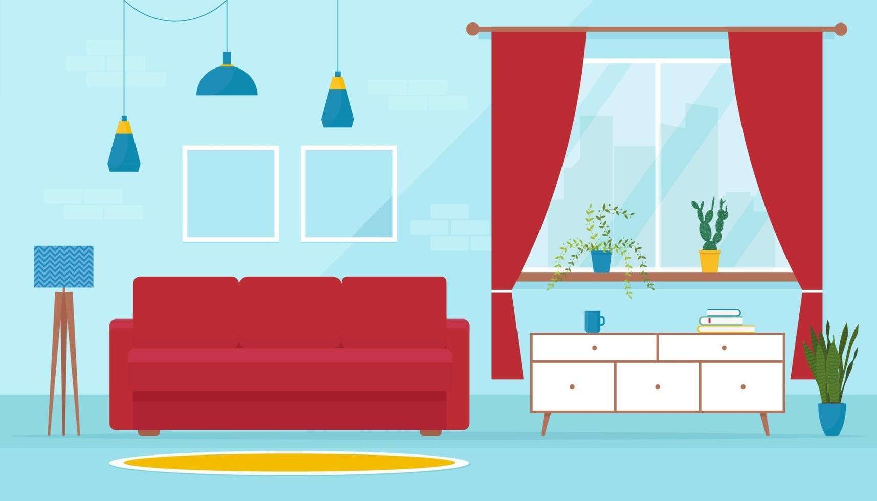 Cozy modern living room in flat style. Soft sofa in interior. Design of a living room with sofa, TV stand, window and decor accessories. Vector banner