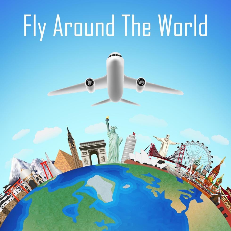 Airplane, fly around the world with world landmarks vector